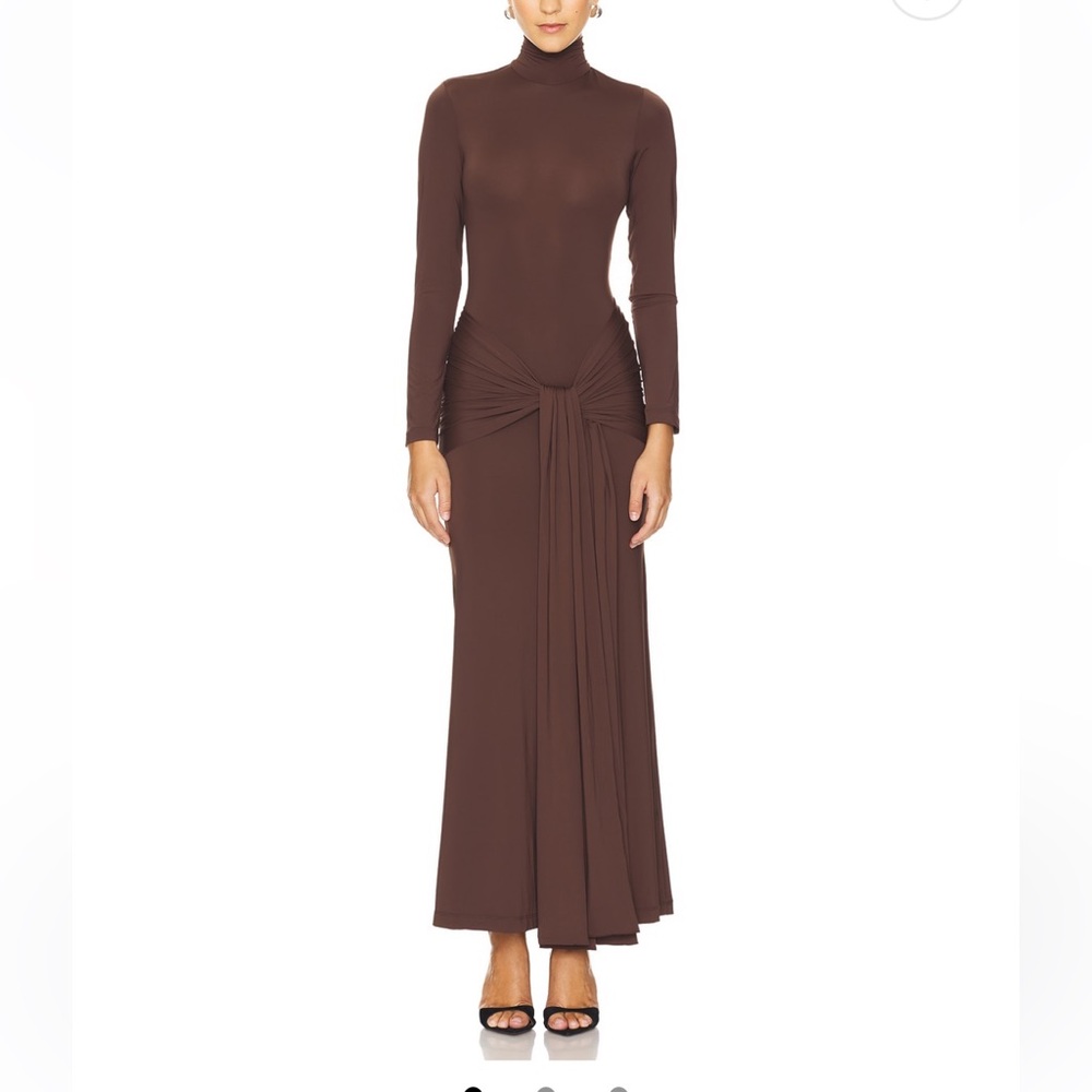 Revolve Bardot ruched front tie maxi dress